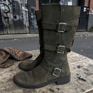 Born Olive Green Suede Triple Buckle Moto Boots Mid Calf Zip Lug Sole Size 9